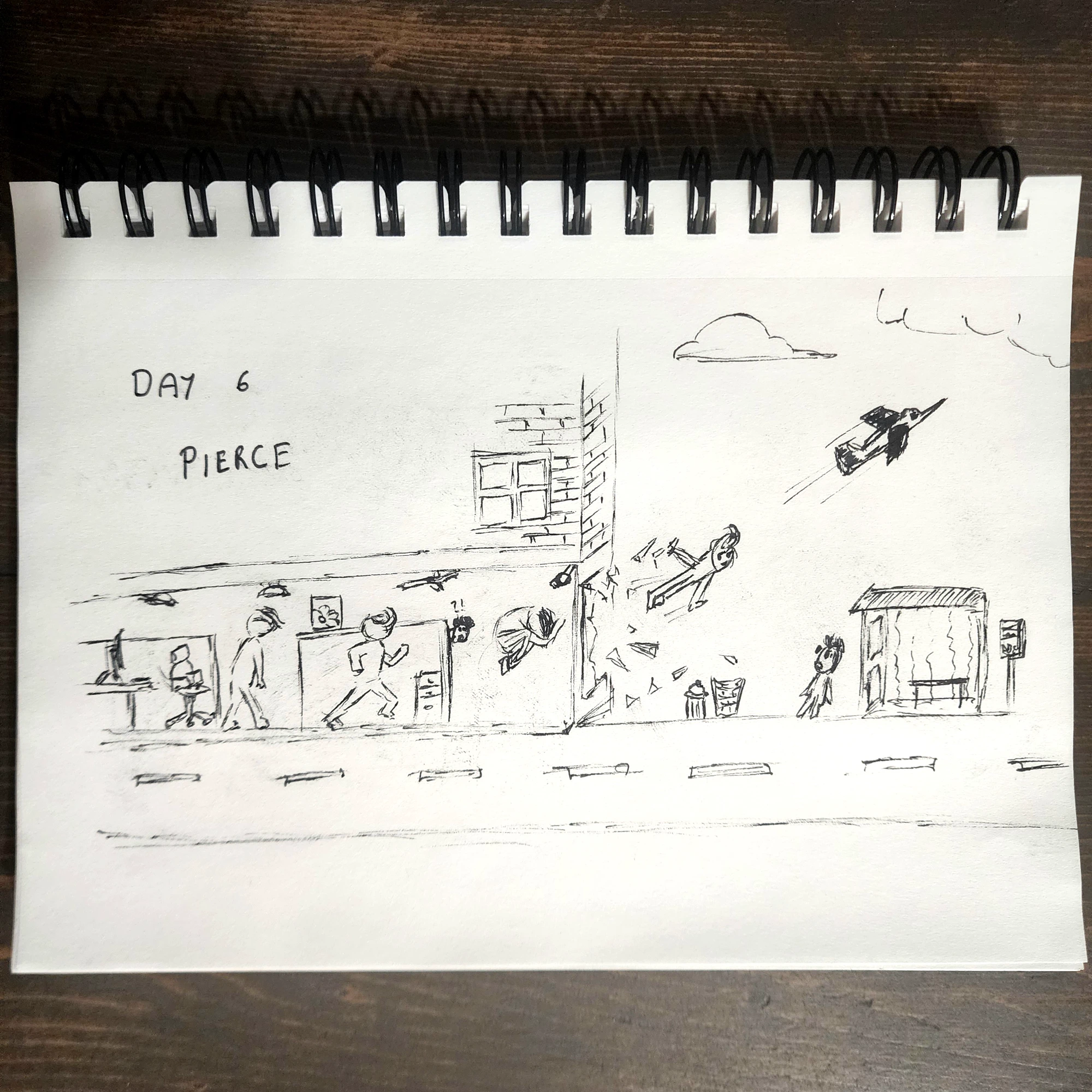 Sketchbook page with a sequence of small line drawings based on the prompt Pierce.